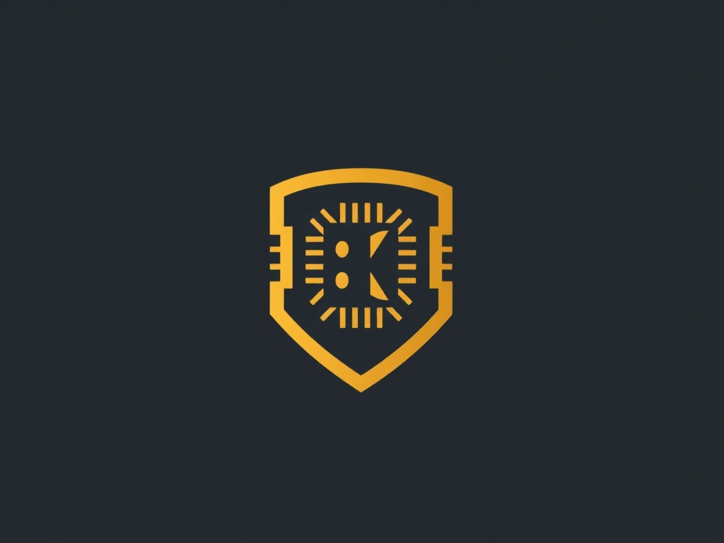 Minimalist geometric logo concept: a stylized computer chip merging with a shield, gold and dark gray, clean lines, 8k vector graphic.